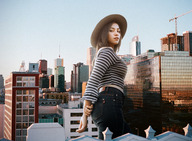 giantess collage city mega color long_hair clothed buildings outdoors hat point_of_view lagunalela