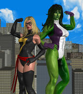breasts giantess city mega blonde long_hair blue_eyes buildings green_eyes gloves green_hair boots muscles giantesses mask avengers flexing costume leotard hands_on_hips she_hulk green_skin digital_render she-hulk bare_legs ms_marvel marvel_comics roodedude carol_danvers