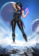 drawing growth giantess vore mega black_hair color destruction fantasy black_suit daichi777 skin_siut