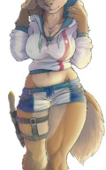 drawing nipples gentle giantess furry tail anthro color large_breasts clothed cleavage short_shorts walking pocket thighs knife hoodie in_pocket hood lifeguard no_background bare_legs bare_midriff waistband bare_thighs ali out_of_frame scream