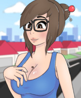 drawing giantess blushing color walking outdoors mei overwatch between_breasts ndreaart overwatch_mei