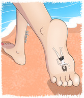 drawing giantess crush color clothed beach ocean brunette shrunken_woman sand under_foot ndreaart