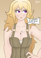 drawing giantess blonde color large_breasts clothed purple_eyes unaware overalls dialogue rwby yang_xiao_long slipping breast_held ndrea