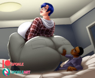 size_difference clothed glasses bed blue_hair short_hair bbw big_ass looking_back butt_squish spokle