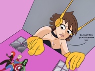 breasts drawing giantess blonde black_hair color cleavage brunette gloves red_hair dollhouse shrunken_woman looking_down avengers costume belt jumpsuit dialogue poking shield green_skin looking_at_tiny black_widow janet_van_dyne marvel_comics captain_marvel the_wasp carol_danvers gamora innserspaceexplorer chocker