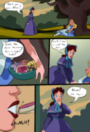 breasts drawing growth giantess sleeping blonde comic color long_hair blue_eyes brunette dress outdoors alice_in_wonderland cookies disney headband dialogue hairband bonnet alice caiman2 margaret dracoknight545