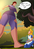 breasts drawing growth giantess blonde comic color large_breasts long_hair blue_eyes barefoot angry brunette dress outdoors alice_in_wonderland cookies disney ripped_clothing headband dialogue hairband looking_at_tiny alice caiman2 margaret dracoknight545