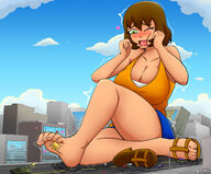 giantess color barefoot green_eyes brunette sandals blue_skirt linda lindastale orange_shirt