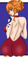 drawing long_hair butt nami one_piece domination red_hair kneeling shrunken_people tattoo looking_back braid trapped_between_asscheeks