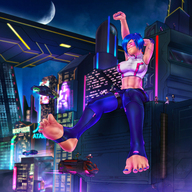 barefoot blue_hair rooftop blue_nails micwhyss neon cyberpunk sporty citynight step_foot_legging