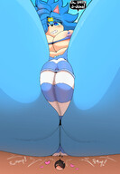 bikini drawing furry blushing anthro color large_breasts long_hair butt blue_eyes beach cleavage butt_crush tiny low_angle sitting heart hedgehog sand thighs june smothering dialogue sound_effects mspaintgts blue_fur bare_legs striped_bikini tiny_female bare_thighs