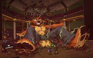 drawing growth furry tail anthro color destruction giant barefoot buildings green_eyes outgrowing_building sitting collar pants hooves indoors antlers source_needed debris bell deer electricity tirrel cracked_wall cracked_ceiling hoof_crush topless_male