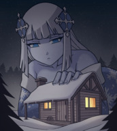 giantess white_hair blue_eyes blue_skin snow forest winter shack hut thunderafterdark yuki-onna monstergirl yokai