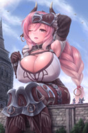 drawing gentle giantess blushing color armor bridge clothed cleavage huge_breasts sweat knight knights pink_hair ponytail sitting heart birds earrings wiping one_eye_closed pulling_clothing zenkisu raging_bull ys