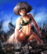 breasts drawing giantess city black_hair color swimsuit destruction rampage brunette yilx skyscraper yukari punching camo_underwear