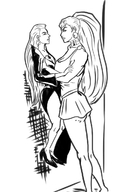 drawing blonde monochrome long_hair clothed cleavage skirt high_heels domination giganta ponytail amazon women dc_comics tala