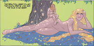 drawing gentle nude blonde long_hair barefoot tree lying_down mini_giantess sitting shade braid shaven