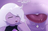 drawing giantess white_hair color long_hair tongue blue_eyes mouth teeth licking finger saliva lips close_up swallowed mouth_play birthday closed_eyes zoom purple_skin imminent_vore sound_effects steven_universe saliva_string amethyst gift_art lewdssonk
