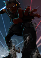 lekku breasts drawing giantess horns alien color large_breasts armor blue_eyes skirt shrinking boots shrunken_men star_wars looming reaching pants belt lightsaber orange_skin togruta kisparlius ahsoka_tano clone_troopers jedi the_force