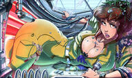breasts drawing growth giantess mega color large_breasts butt armor destruction clothed cleavage brunette brown_eyes short_hair watch outgrowing_space belt jumpsuit microphone teenage_mutant_ninja_turtles shredder reporter zipper april_oneil bryan_lobdell cleavage_window between_breasts technodrome krang