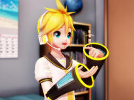 blonde giant clothed handheld vocaloid shrunken_woman home rin rin_kagamine digital_render len_kagamine len