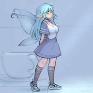 drawing wings color clothed blue_hair shrunken_woman sneakers home coffee_cup fair