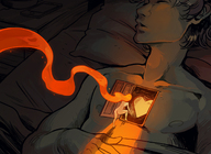 drawing sleeping long_hair giant bed heart shrunken_woman home bedroom chest door