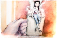 drawing gentle black_hair color clothed sitting shrunken_woman coffee home eyes steam mug brown