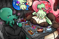 drawing giantess blushing anthro color large_breasts long_hair clothed cleavage red_eyes angry breast_crush pink_hair cake unaware table eating giantesses cave tea robe closed_eyes unaware_crush cthulhu-ette kiwihermit knarfdarf majoumegami commision lneta suckers_for_love