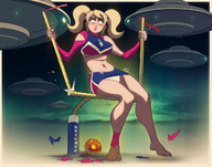 breasts drawing growth giantess panties upskirt blonde color large_breasts destruction blue_eyes barefoot skirt spaceship cheerleader sitting pigtails night outdoors ripped_clothing lollipop_chainsaw juliet_starling bare_legs cheerleader_uniform goal bare_midriff meteor exmile