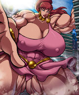breasts drawing giantess panties city mega upskirt color long_hair destruction blue_eyes rampage cleavage buildings huge_breasts giganta red_hair ponytail dress muscles earrings belt bracelet dc_comics osmar_shotgun