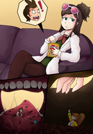 drawing giantess vore comic color tongue brunette unaware shrunken_woman shrunken_man ace_attorney ema_skye apollo_justice athena_cykes desayunart