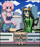 giantess city cleavage smiling giantesses clouds background sky nightcore100 mina_ashido asui_tsuyu giant_villain