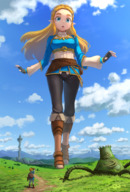 breasts drawing gentle giantess mega blonde color long_hair blue_eyes clothed gloves boots looming walking tower pants clouds towering outdoors sky careful shield pointed_ears the_legend_of_zelda the_legend_of_zelda_breath_of_the_wild link_(the_legend_of_zelda) princess_zelda_(the_legend_of_zelda) marimo2468
