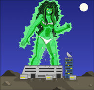 breasts drawing growth giantess mega color large_breasts long_hair destruction cleavage bra skirt buildings green_eyes angry outgrowing_building moon green_hair muscles night outdoors fist ripped_clothing she_hulk green_skin radiation she-hulk bare_legs marvel_comics nightcore100 bare_midriff betty_ross