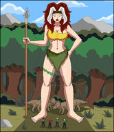 breasts drawing giantess mega color large_breasts long_hair blue_eyes barefoot cleavage bra skirt brunette jungle outdoors costume ripped_clothing headband hands_on_hips x-men spear looking_at_tiny dinosaurs bare_legs marvel_comics nightcore100 makeshift_clothing bare_midriff rogue_(x-men) hair_streak poachers savage_land