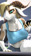 gentle furry horns anthro blonde large_breasts blue_eyes cleavage phone shorts looming looking_down goat shrunken_person thighs indoors gym looking_at_tiny digital_render bare_legs bare_midriff sportswear 80lines