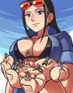 drawing gentle giantess black_hair large_breasts long_hair clothed handheld nico_robin one_piece cleavage glasses thunderafterdark