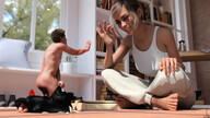 gentle blonde barefoot sitting kneeling tontoblackadder shrunken_man sports_bra nude_man digital_render