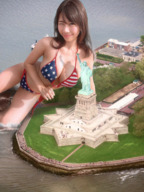 breasts giantess collage mega swimsuit ocean brunette asian new_york_city statue_of_liberty winking intershrinker flag_bra