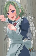 drawing giantess city mega color destruction clothed buildings shoes purple_eyes smiling green_hair short_hair looking_down maid_uniform outdoors sky window_washers bonnet piyonaf looking_at_tinies