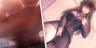 drawing aroused long_hair clothed barefoot skirt brunette tiny sweat domination shrunken_people looking_down