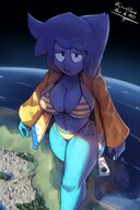 bikini drawing giantess giga city space color large_breasts blue_eyes planet cleavage blue_hair short_hair blue_skin walking thighs background looking_at_viewer striped_panties raincoat steven_universe bare_legs lapis_lazuli bare_midriff lewdssonk cartoon_network