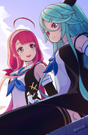 drawing gentle giantess color long_hair blue_eyes clothed green_eyes blue_hair low_angle smiling pink_hair sitting giantesses outdoors on_leg kantai_collection admiral zenougts