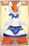 drawing pokemon micro furry blushing anthro color giant male bunny underwear surprised bulge looming shrunken_man looking_down indoors orange_eyes looking_at_tiny pokemon_sword_and_shield its-holt cinderace exclamation_point half-dressed