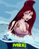 breasts drawing giantess mega color long_hair cleavage ocean wet angry purple_eyes red_hair dress parody poster disney looking_at_tiny hercules megara hades_(disney) hawkstonedraws megaera