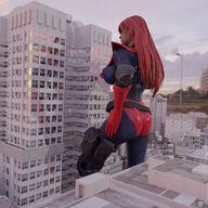 breasts giantess city mega large_breasts long_hair butt clothed buildings green_eyes gloves red_hair standing reflection outdoors costume giant_girl belt hands_on_hips digital_render mary_jane spider-man marvel_comics earth_20052 ci0 justasfmusername