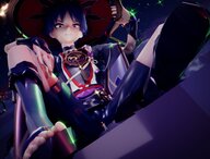 male clothed toes tiny sandals grin looking eyes digital_render hair blue at genshin scaramouche freezybruhh