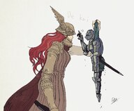 drawing color armor sword handheld red_hair mini_giantess dark_souls no_background ashen_one elden_ring malenia mesimori_gaa