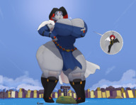 breasts drawing giantess city mega cleavage huge_breasts raven teen_titans belt dc_comics between_breasts commoddity teen_titans_tower